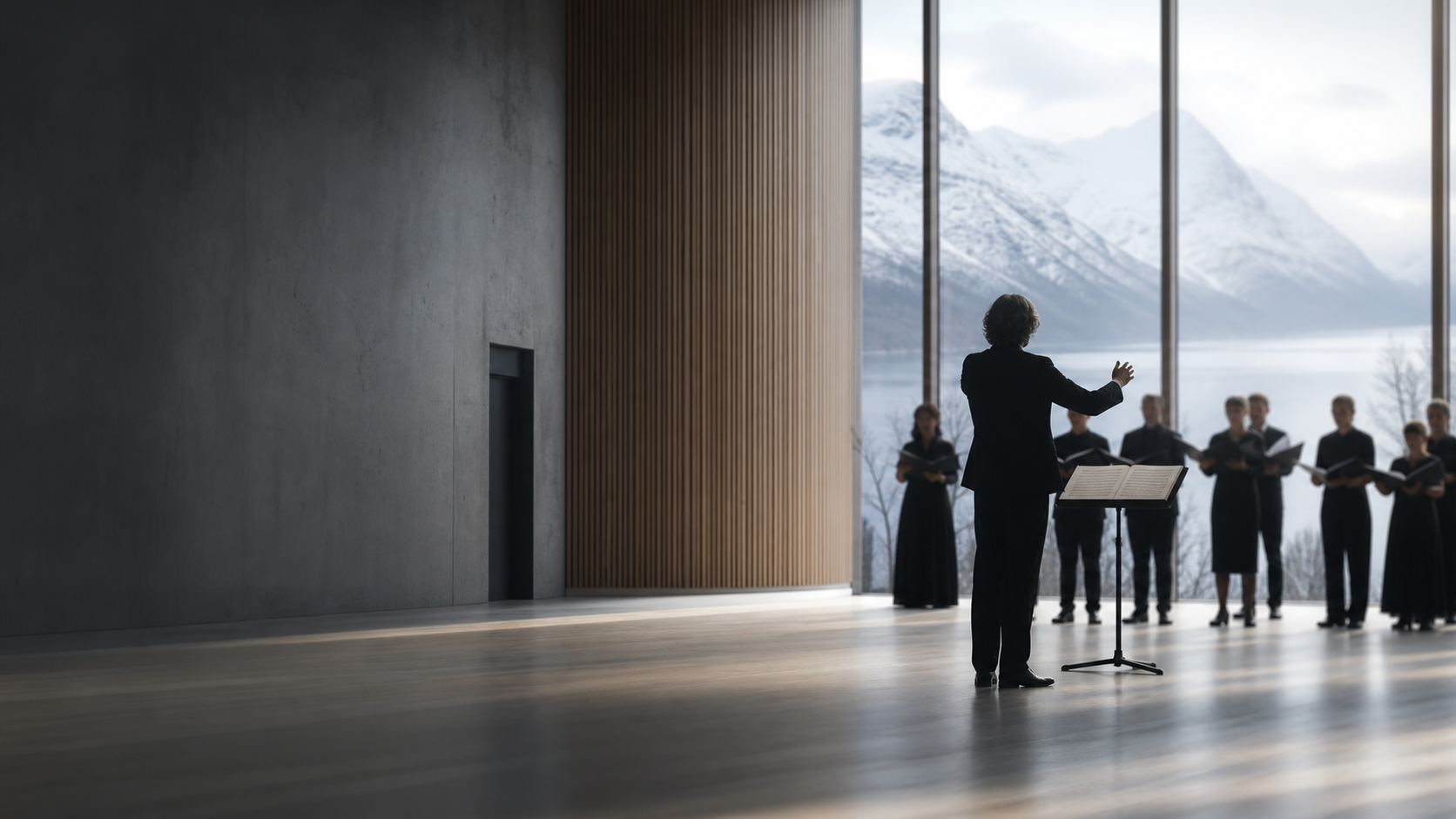 A quiet Nordic concert hall atmosphere with conductor and choir silhouettes